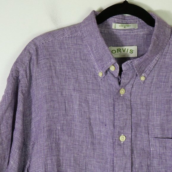 Orvis 100% Linen Mens XL Short Sleeve Button Down Camp Shirt Purple - Picture 2 of 6